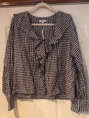 Madewell Gingham Ruffle Front Blouse - Brown & White